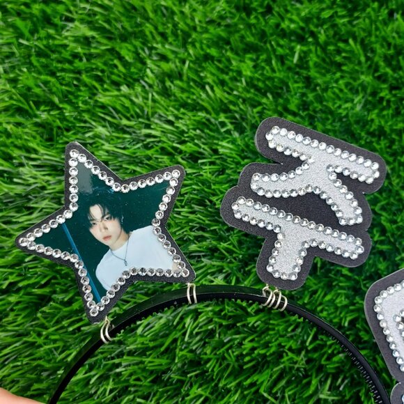 JUNNY KPOP Headband Rhinestone Korean Hangul Name Concert Hair Banner